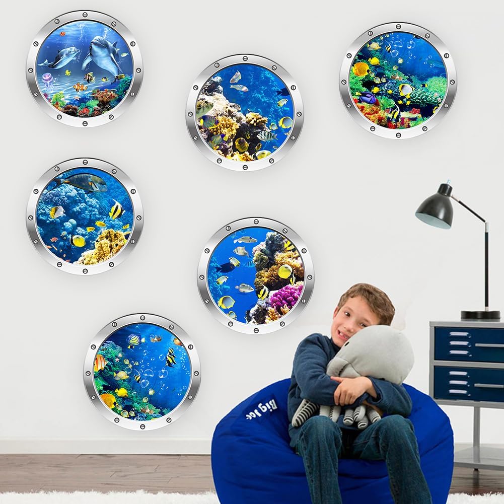 Set de 6 Adhesivos Murales 3D de Criaturas Marinas Cartoon Peces del Océano Stickers de Ventana Falsa Submarina para Habitación Infantil, Adhesivos de PVC Resistentes al Agua