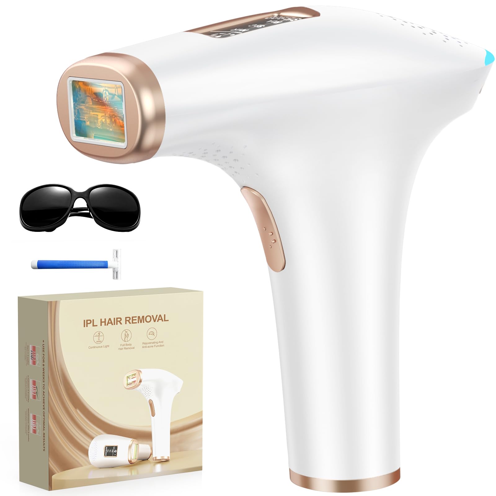 Haarlosy IPL Epilatore Luce Pulsata, 3-in-1 HR/SC/RA Epilatore Laser per Donna e Uomo, 9 Livelli di Energia Regolabile Adatto Depilatore Corpo, Viso, Ascelle, Gambe (BiancoGold)