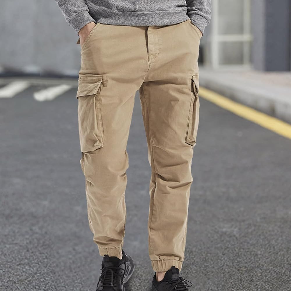 Men's Casual Cotton Mid-Waist Zip Cargo Pants Relaxed Fit
