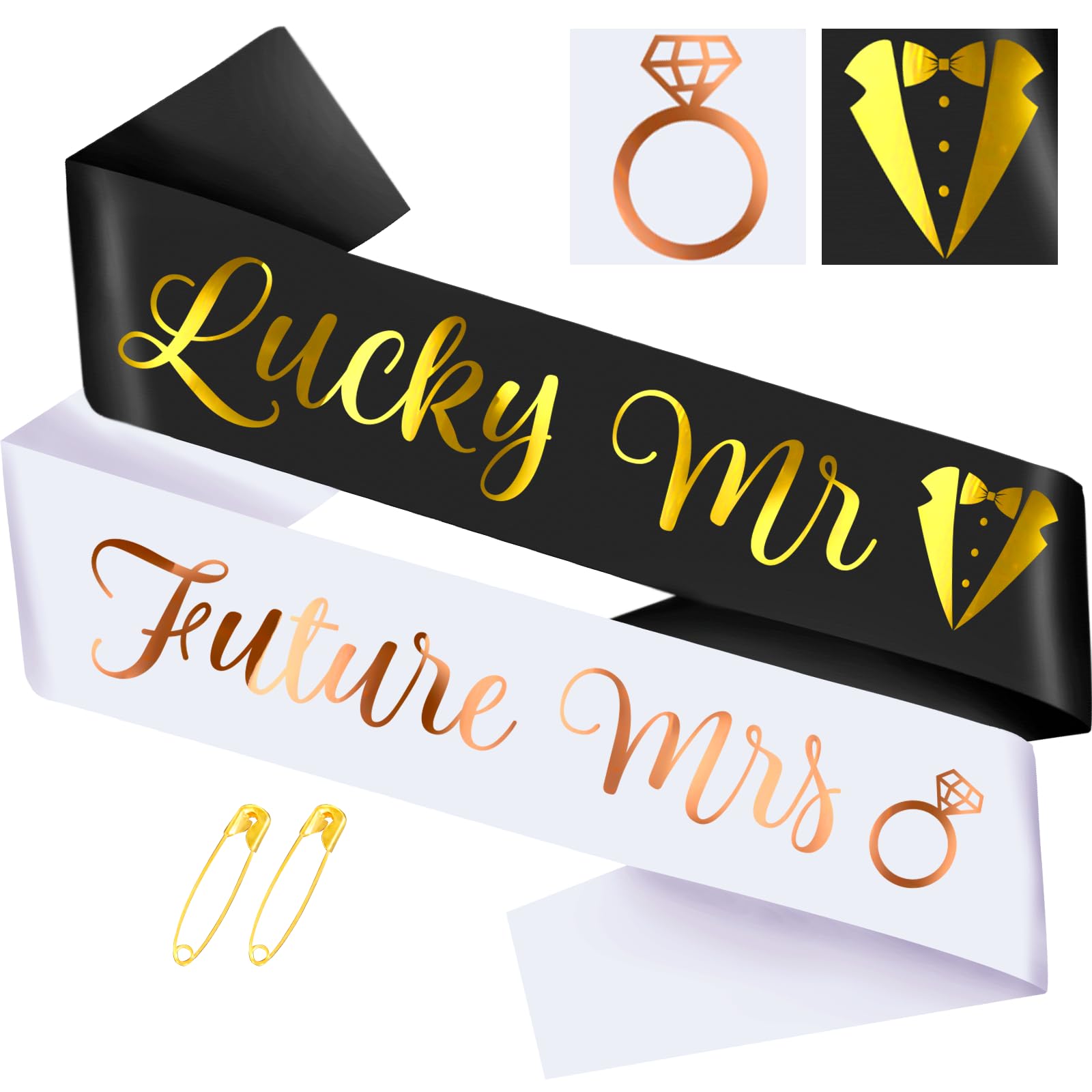 Lucky Mr & Future Mrs - Groom to Be Sash and Bride to Be Sash Set, Funny Black Bachelor & White Bachelorette Sashes for Bridal Shower Wedding Party