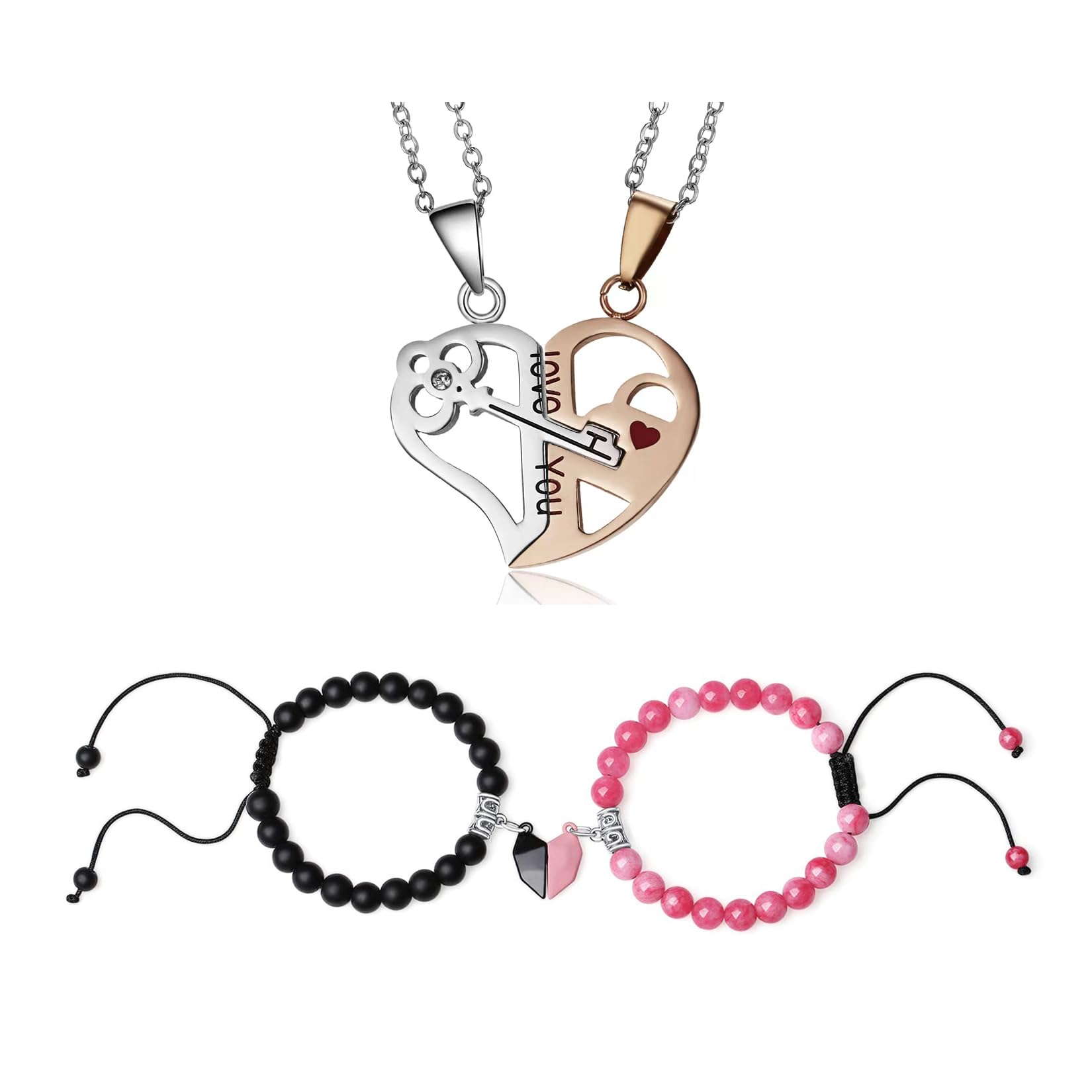 Stainless Steel His and Her Heart Lock Key Matching Puzzle Couples Pendant Necklace