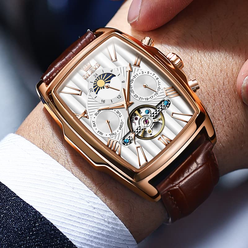 Image of OLEVS Mechanical Dress Mens Watches Square Brown Leather Strap Moon Phase Skeleton Tourbillion Day Date Waterproof Luminous Men's Wrist Watches