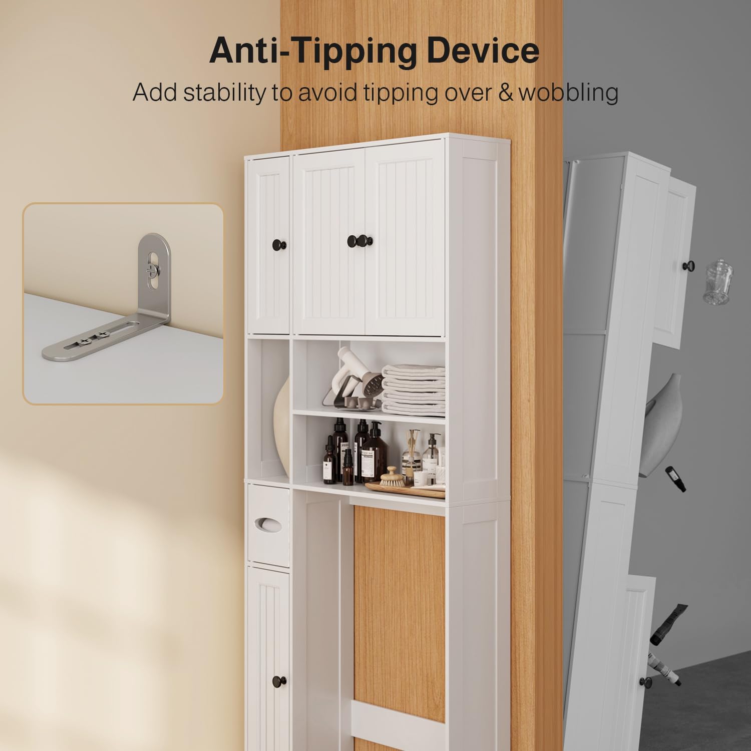 Ahomly Over The Toilet Storage Cabinet, Over Toilet Bathroom Organizer with Adjustable Shelves and Five Doors, Above Toilet Storage Cabinet for Bathroom, Restroom, Laundry, White