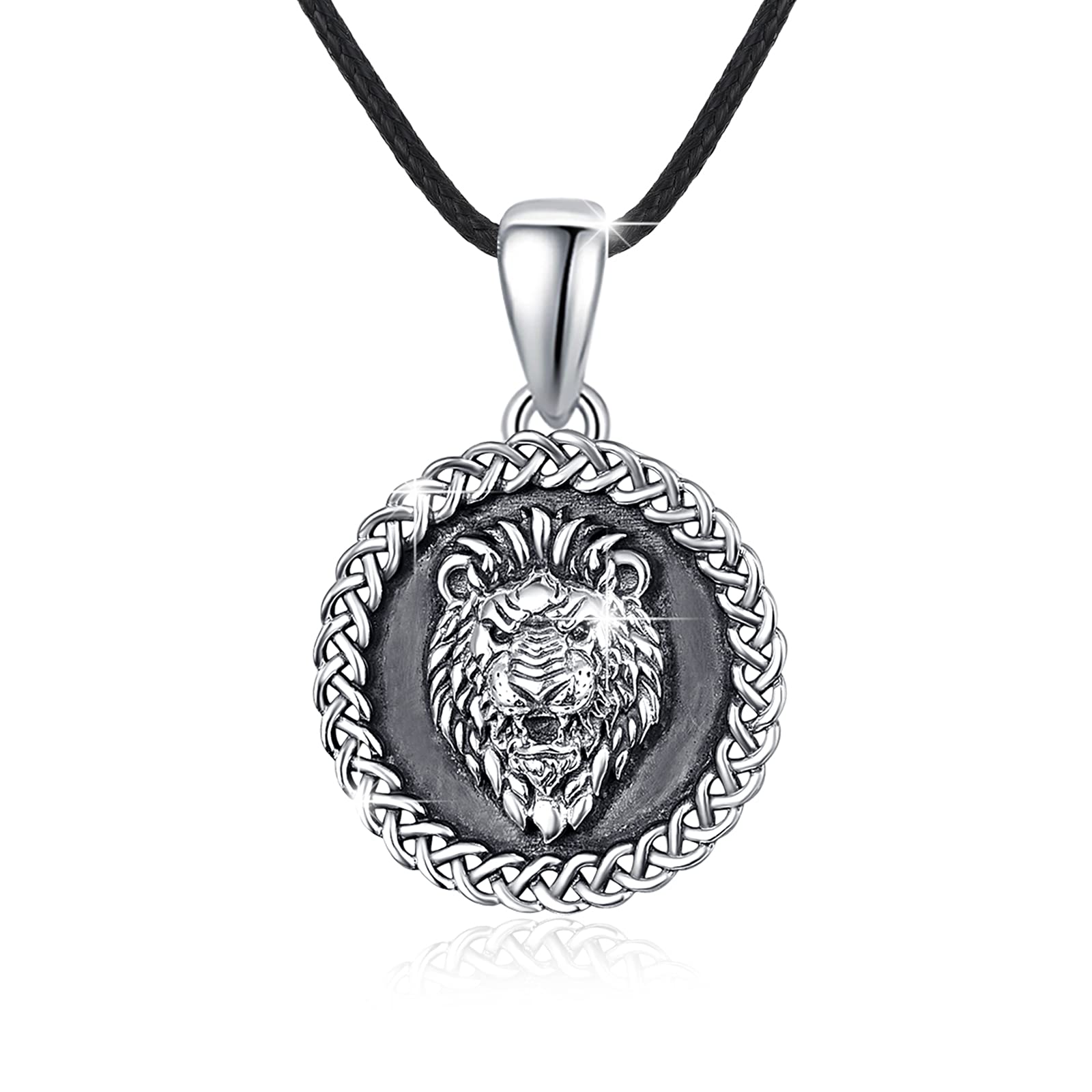 JFASHOP Collar de hombre de Plata de Ley 925, colgante de círculo con cabeza de león, amuleto vikingo Punk, cadena de animales, regalo de joyería para mujeres y niños