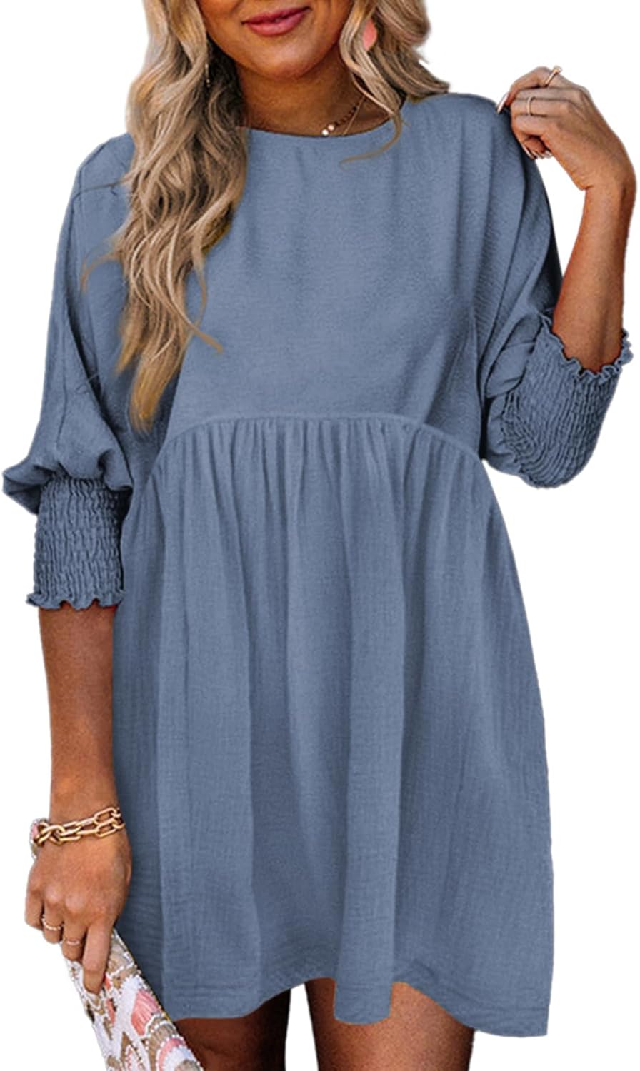 Dokotoo Womens Fall Dresses Casual Tunic Dress Short Sleeve Crew Neck Flowy Babydoll Dress