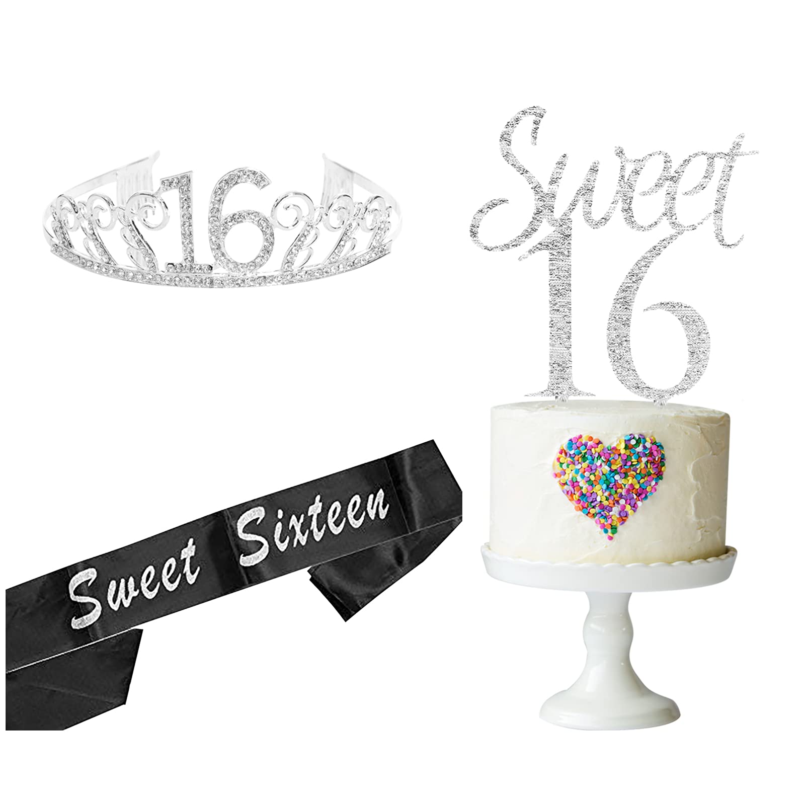 NMAS Sweet 16 Cake Topper Silver Glitter,Sweet Birthday Arylic Topper,42 Inch Number Balloon,Sweet Sixteen Sash and Crown Fabulous Tiara for Girls, 16th Gifts Suit Happy Party Supplies Decorations