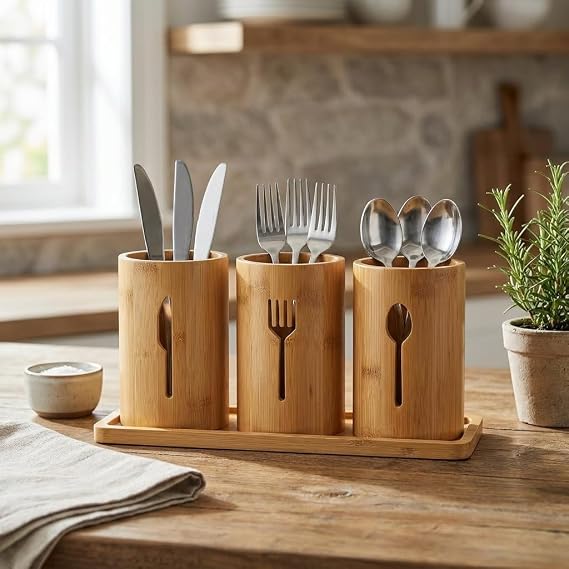 Deconox 3'lü Doğal Bambu Kaşıklık Seti - Ahşap Standlı Tezgah Üstü Çatal Kaşık Bıçak Düzenleyici Şık Mutfak Organizeri (Stand: 33x13x2 cm/Kaşıklık: 10x12 cm)