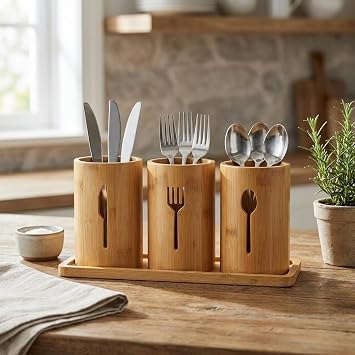 Deconox 3'lü Doğal Bambu Kaşıklık Seti - Ahşap Standlı Tezgah Üstü Çatal Kaşık Bıçak Düzenleyici Şık Mutfak Organizeri (Stand: 33x13x2 cm/Kaşıklık: 10x12 cm)