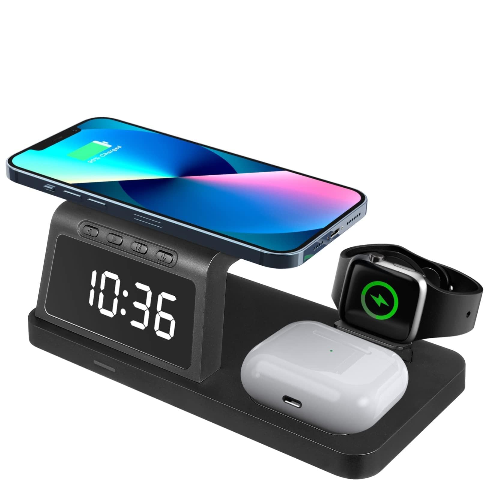 NUOBESTY Station de Charge sans Fil Support Charge Rapide pour Montre Connectée et Téléphones avec Horloge Numérique Intégrée