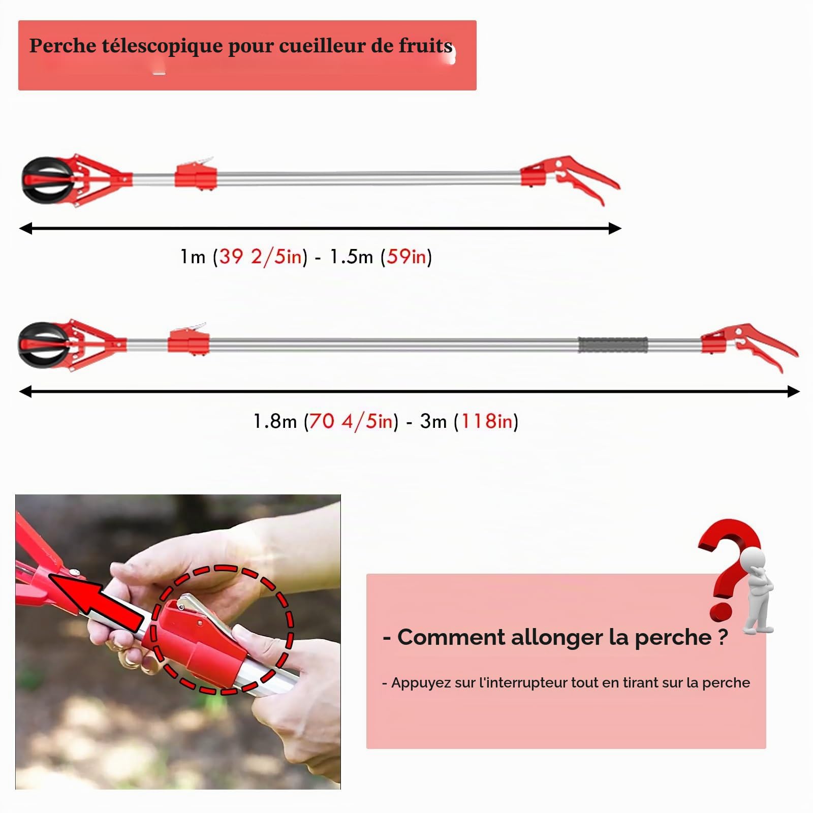 AMUFJJ cueille Fruit telescopique Pomme Pince À Fruits Télescopique en Aluminium, pour Mangues, Avocats, Oranges, Pêches Et Figues, avec Ouverture De 15 Cm.(3.3ft (1m) - 4.9ft (1.5m))
