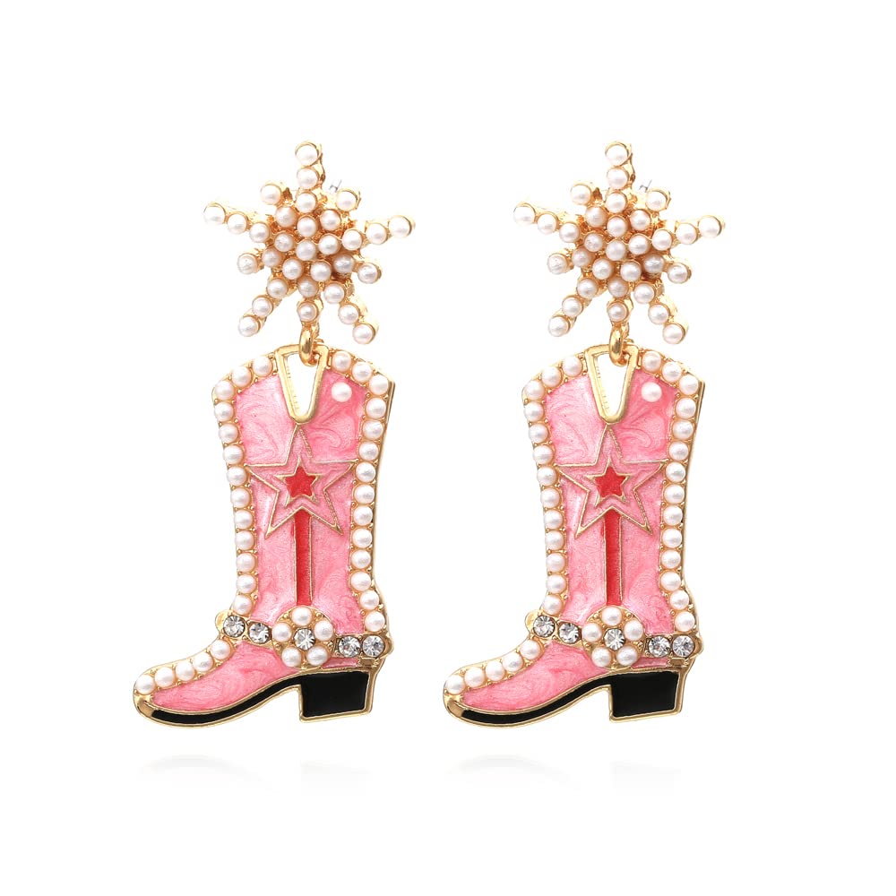 Pink Western Boots Rhinestone Earrings, Faux Pearl Boot