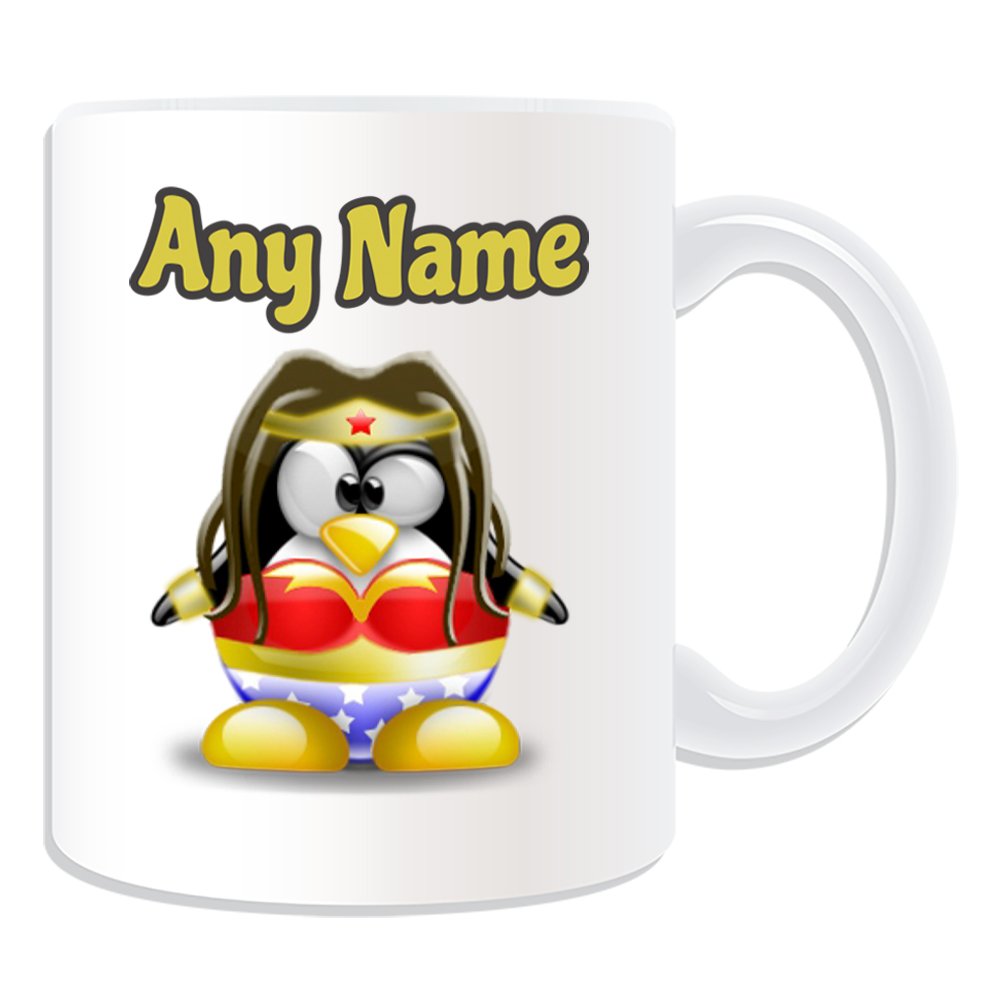 Unigift White Personalised Gift - Woman Mug (Penguin Cartoon Character Costume) Unique Name Message Silly Funny Anime Superhero Hero Super Wonder