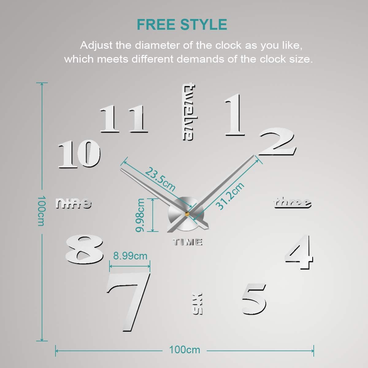 Foxtop Large Silver 3D Frameless DIY Wall Clock Stickers for Living Room Bedroom Home Office Decoration