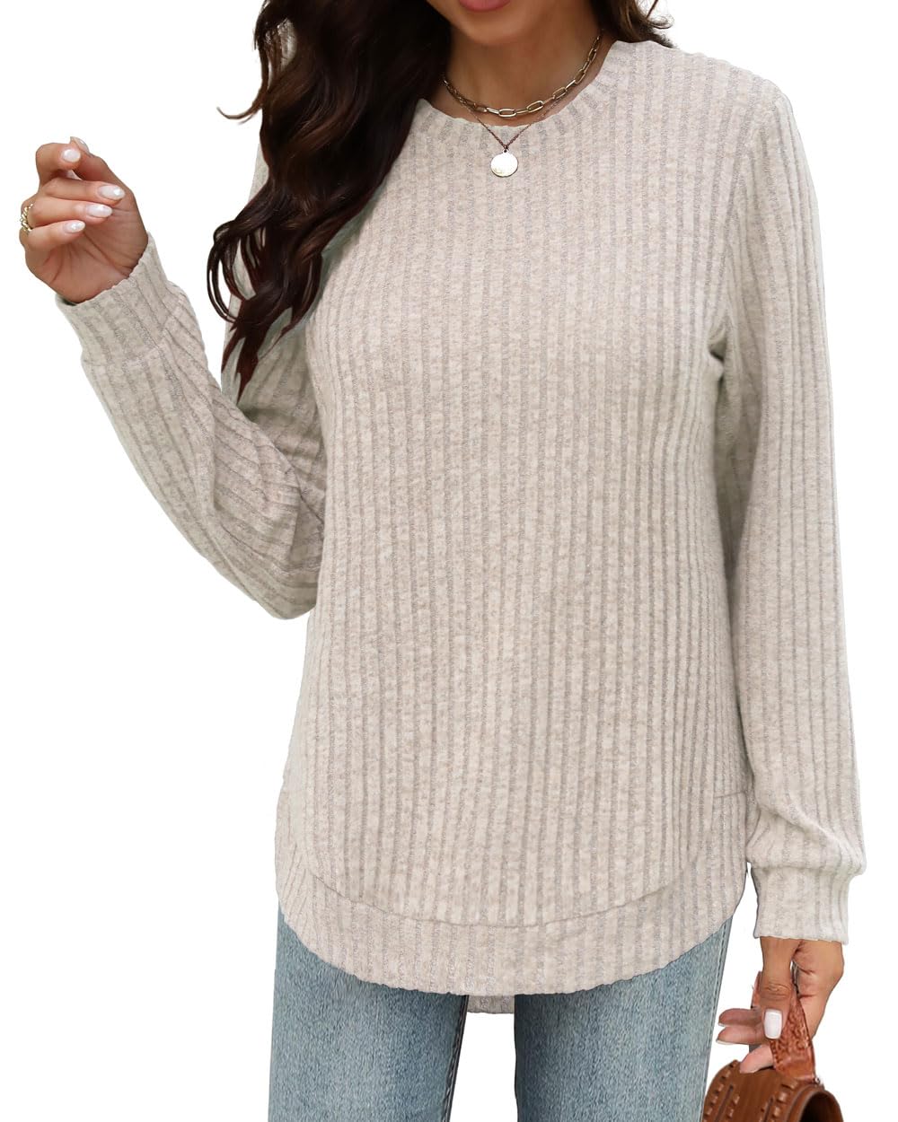 Beimuc Long Sleeve Shirts for Women Tunic Tops 2025 Fall Clothes Lightweight Crewneck Sweaters Loose Fit Curved Hem
