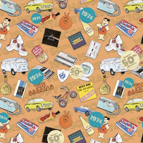 50th Birthday Wrapping Paper, 1974,Fiftieth Wrapping Paper,Retro Seventies Design, 5 sheet 6 tag multi pack, 50th Birthdays, Fiftieth Birthday Gift For Men, Women (Icons 1974 - Happy 50th Birthday)