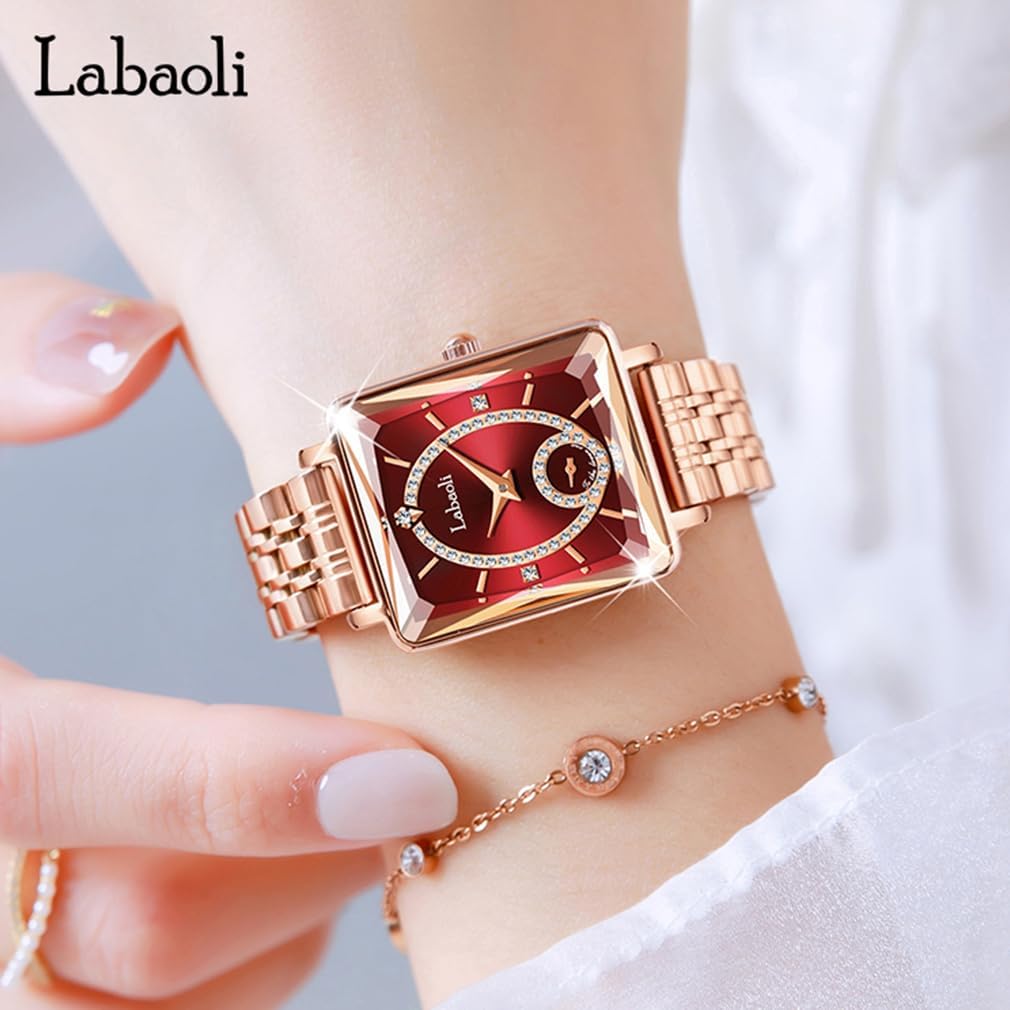 Watches for Women Rose Gold Square Stainless Luxury Fashion Diamond Analog Quartz Waterproof Dress Casual Small Simple Ladies Female Wife Girls Gifts Gold Wrist Watch