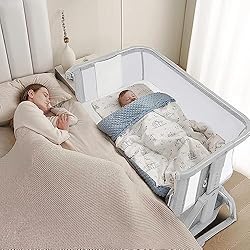 Einesin Cuna Colecho Bebe, Cuna de Viaje, Cuna Mecedora Transformable con Ruedas, 3 en 1 con colchón Suave y mosquitera, Plegable,con Ajuste de Altura de 7 Posiciones, Gris Claro