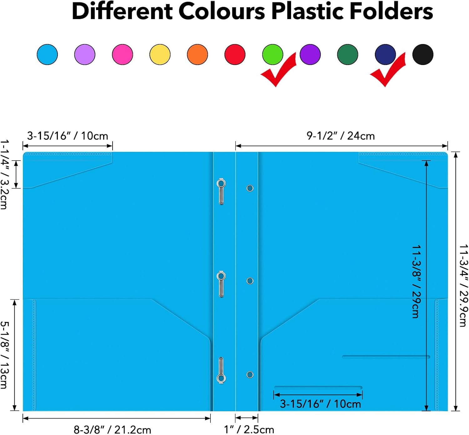 12-Pack Heavy Duty Plastic Pocket Folders with Prongs, Navy & Mint Green Set for Letter Size, 2-Pocket Brad Folders with Clear Front Cover