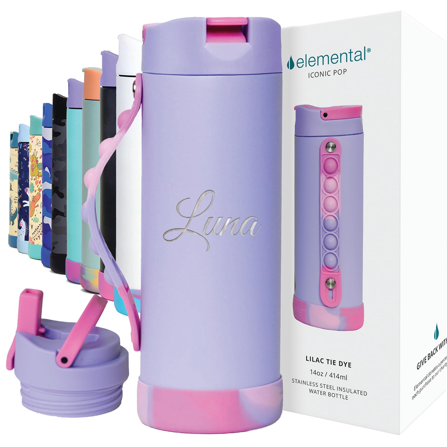 Elemental Iconic Kids Personalized Water Bottle with Straw Lid Stress Relief Pop It Handle Custom Triple Insulated Kids