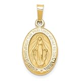 14k Yellow Gold Polished and Satin Miraculous Medal Pendant (L- 23 mm W- 12 mm)