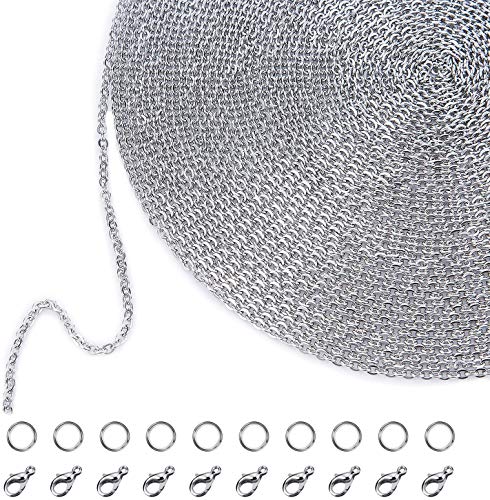 Outus 33 Feet Stainless Steel DIY Link Chain Necklaces with 20 Lobster Clasps and 30 Jump Rings for Jewelry Making (2 mm Wide)
