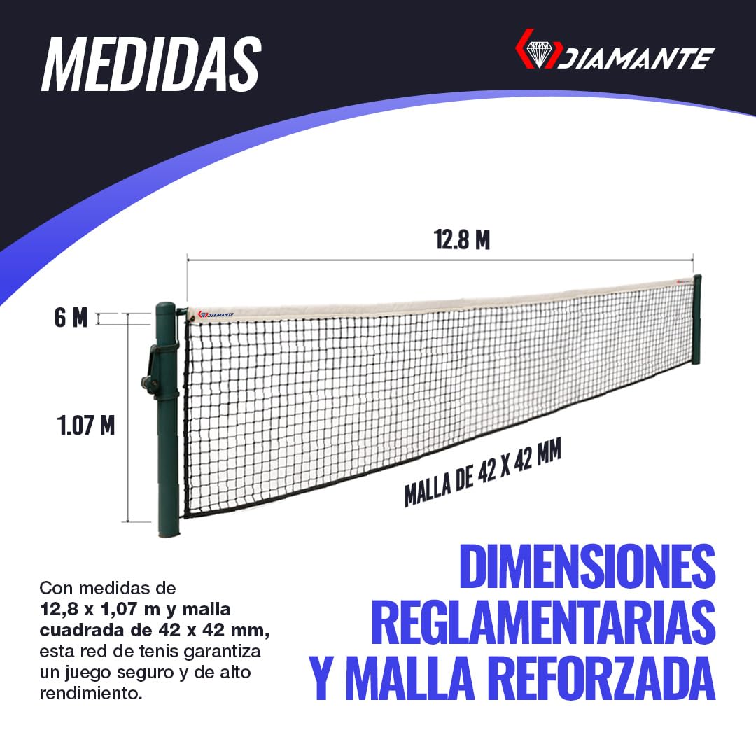 DIAMANTE Red de Tenis Profesional - Redes Deportivas para Deportes y Exterior - Red de Bádminton y Entrenamiento - 12,80 x 1,07 m con Cable de Acero y Tratamiento UV