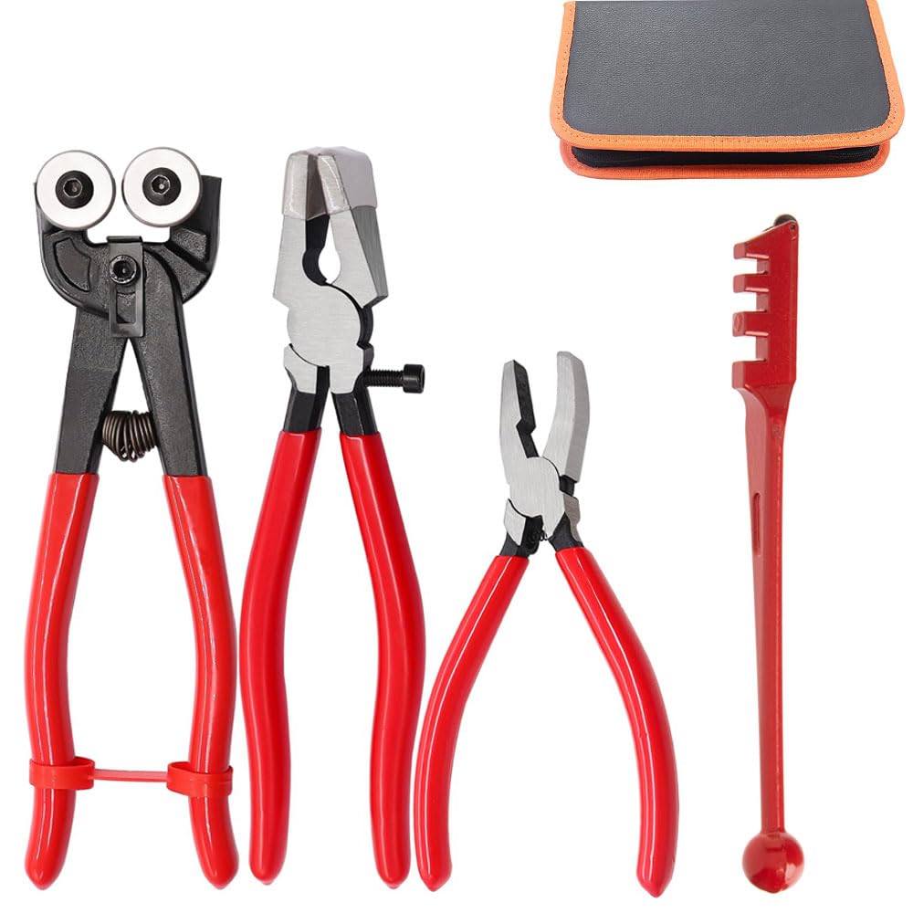 4Pcs Glass Cutting Tool Kit, Including Wheeled Glass Tile Nipper, Glass Running Pliers, Glass Breaking Pliers and Glass Cutter for Stained Glass, Tile