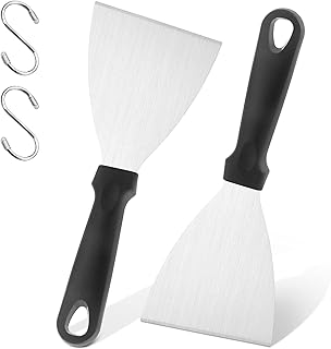 Grill Griddle Scraper Tool, Leonyo Flat Top Grill Scraper Set of 2, Commercial Stainless Steel Metal Griddle Scraper Spatula for Cast Iron Teppanyaki BBQ Outdoor Cooking & Cleaning,Dishwasher Safe