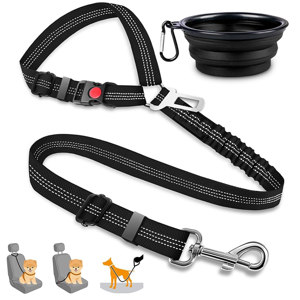 Goodern Adjustable Dog Seat Belt Harness for Car with Folding Bowl,Removable Pet Seatbelt Leash for Travel,Retractable Restraint Secures to Vehicle Headrest Elastic,Reflective Bungee Tether-Black
