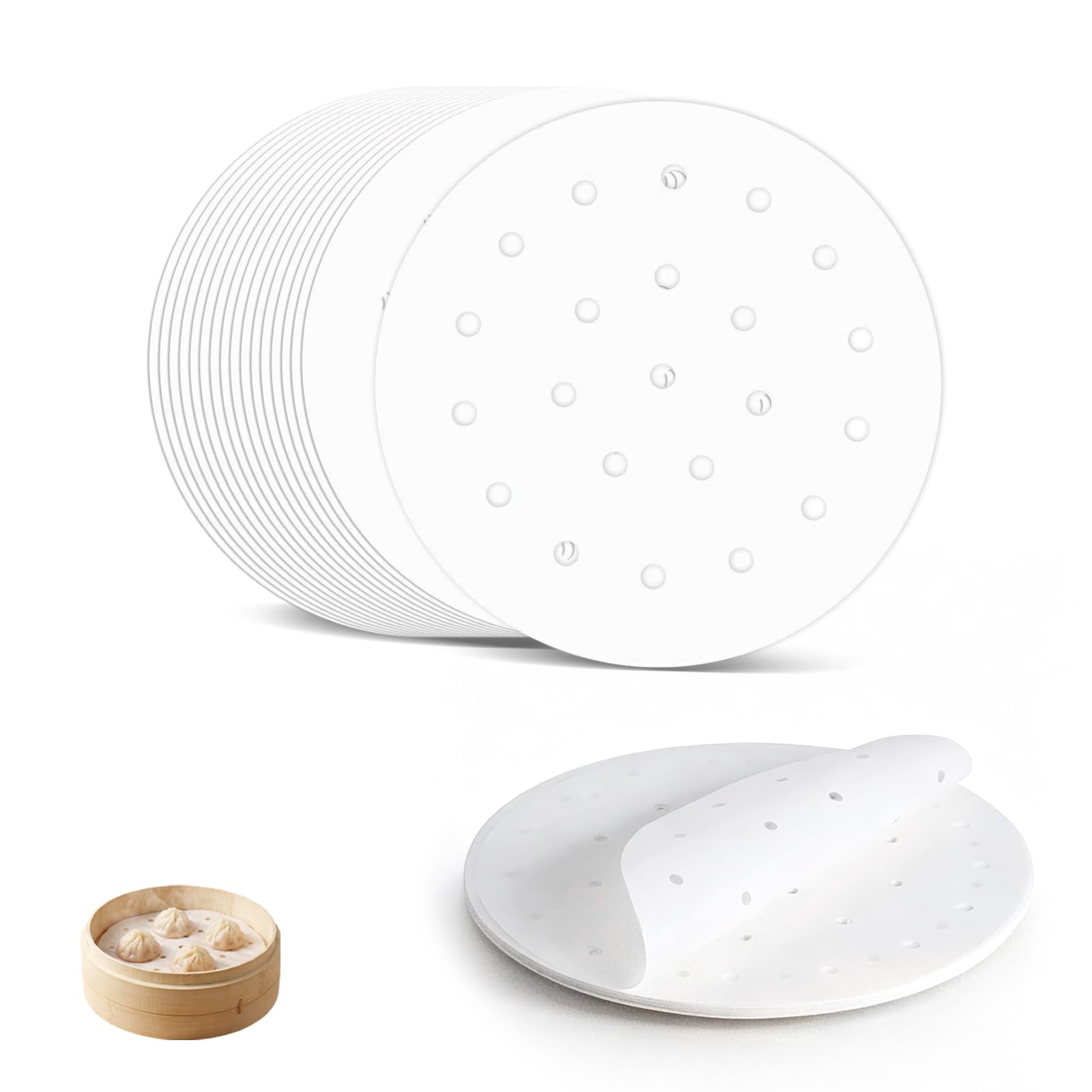 100 unidades de papel Dim Sum de diámetro como - Papel Air Fryer Redondo, Redondo de bambú perforado para Barbacoa y Vaporizador, Forro de Airfryer, Antiadherente (22.9cm,100pcs)