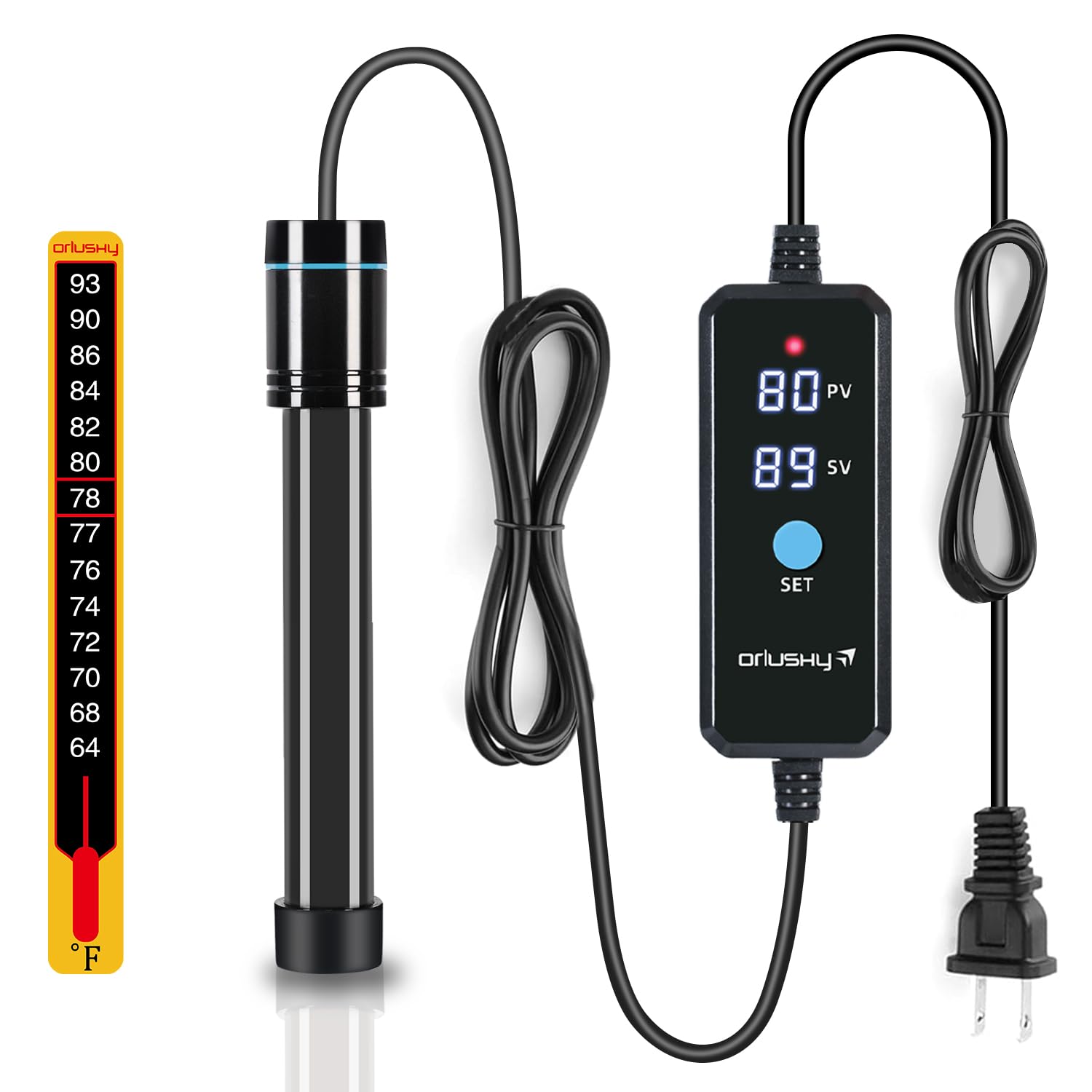 Orlushy 100 W Tauch-Aquarium-Heizung, verstellbare Aquariumheizung mit Digitalanzeige, externer Steuerung, Überhitzungsschutz und kostenlosem Thermometer für Süß- und Salzwassertank mit 3,5 - 7,8 l