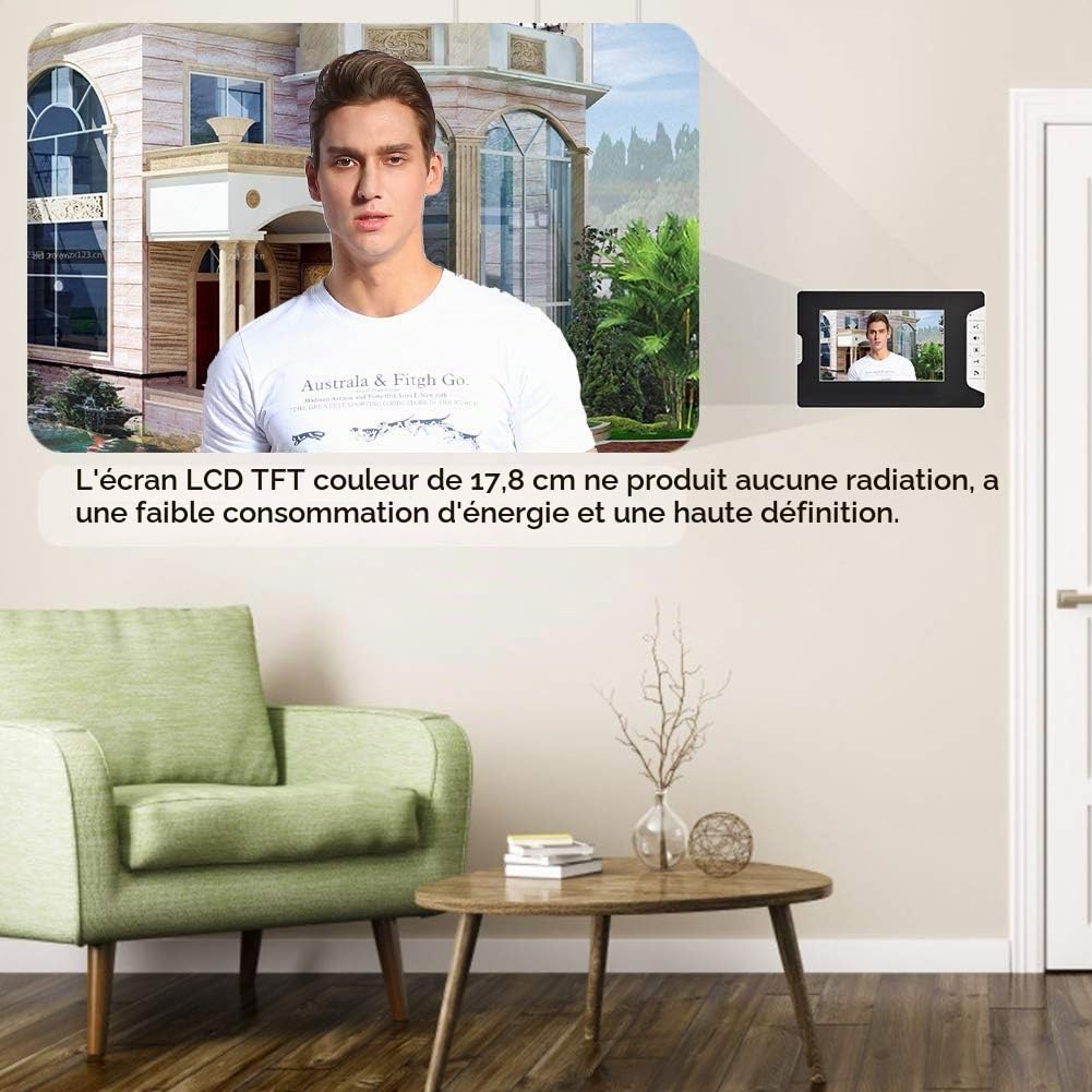 Interphone Vidéo, Interphone Vidéo Filaire avec Écran LCD de 7 Pouces avec Caméra Extérieure 1000TVL Support de Vision Nocturne IR Surveillance Déverrouillage Interphone Bidirectionnel (EU)