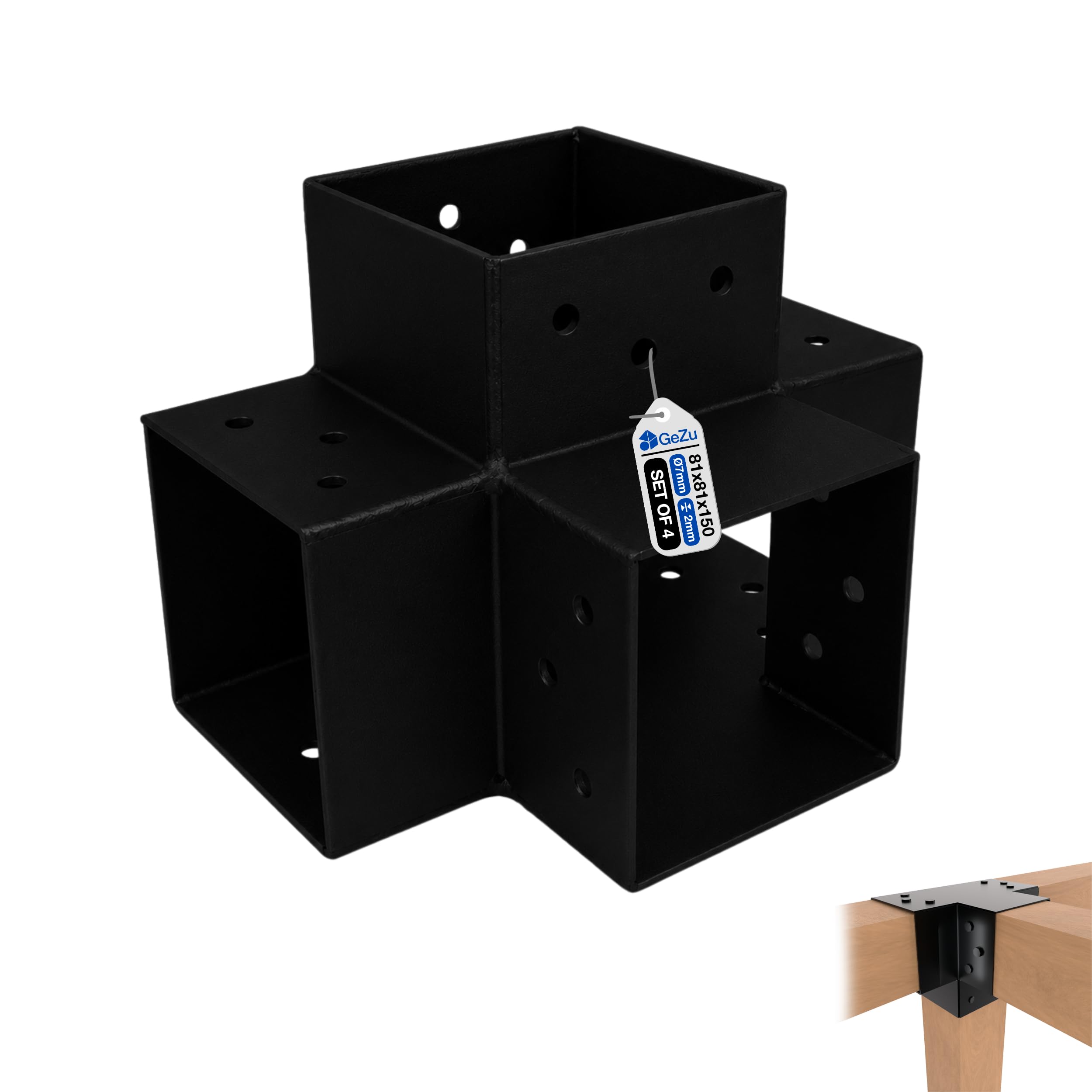 GeZu Impex Post Connector K 81 x 81 mm Black Powder Coated Set of 4 Pergola 4 Way Right Angle Corner Connector Pavilion DIY Woodworks Bracket