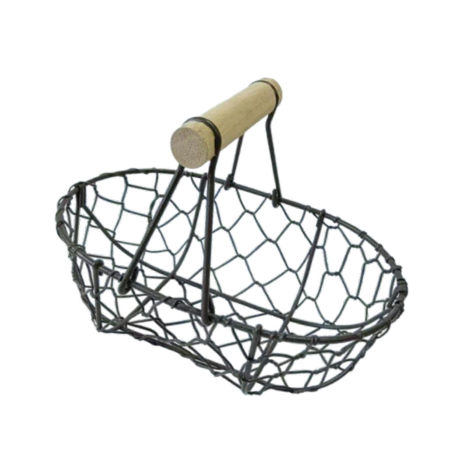 YIXANNX Decorative Fruit Basket Oval Wire Storage Basket With Wooden Handles Option For Organizing Fruits And Enhancing Kitchen Appeal Rust Gathering Baskets, Black, 18x12x12.5cm