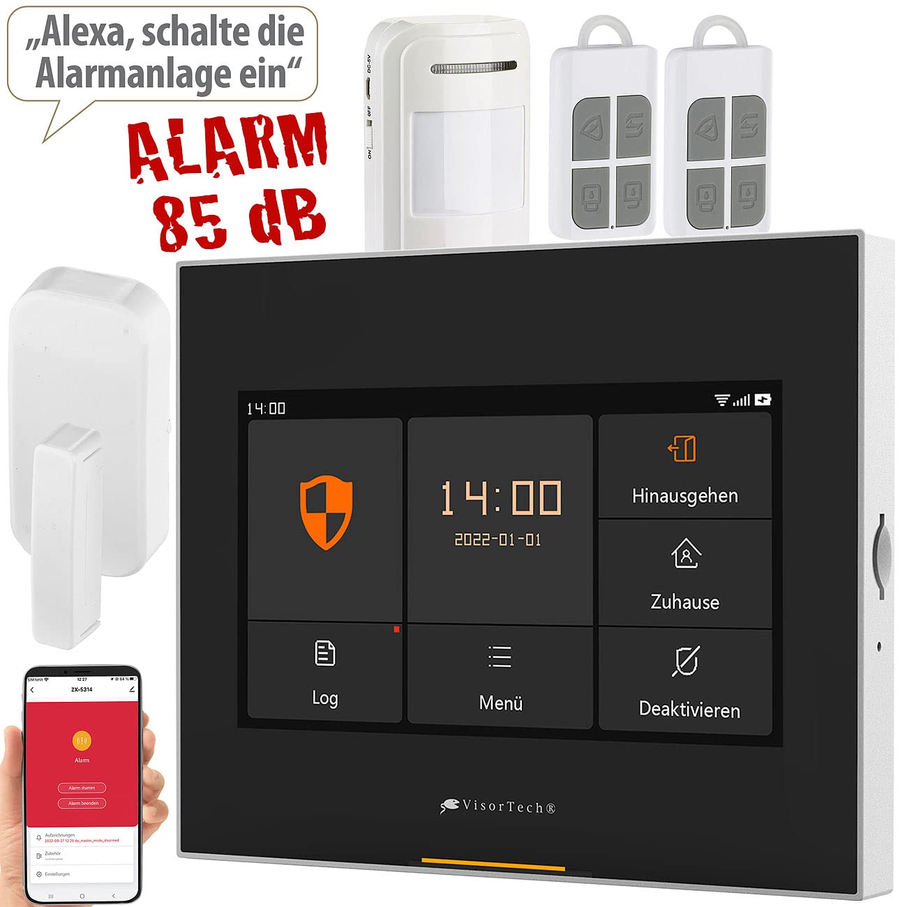VisorTech Wohnmobil Alarmanlage: 5-TLG. Funk-Alarmanlage: 2 Sensoren, 2 Fernbedienungen, GSM, WLAN, App (Wohnwagen, Alarm-Anlage, 12V)