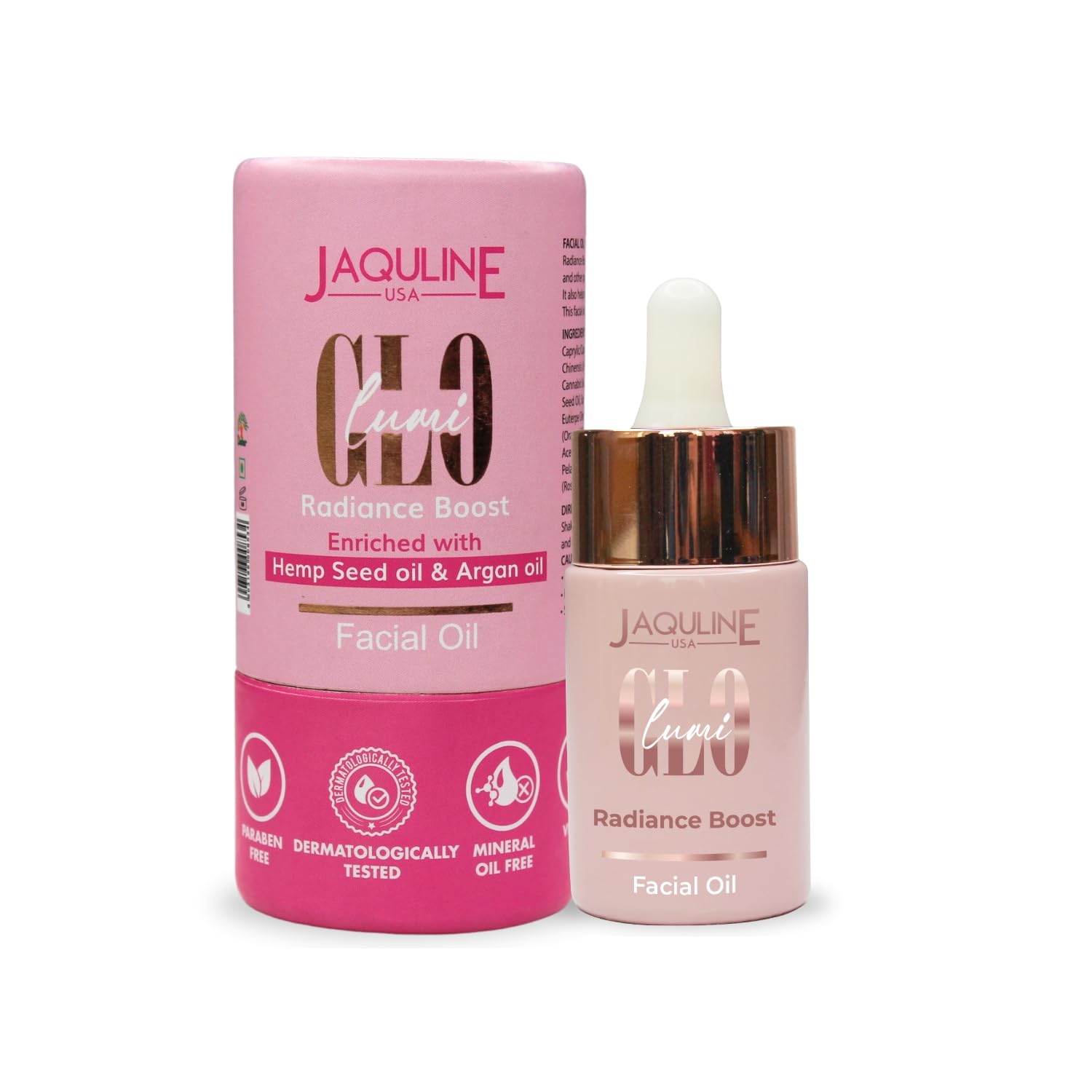 JAQULINE USA Lumi Glo Radiance Boost Facial Oil | For Glowing Skin | Enriched with (Jojoba Seed, Grapeseed, Rosehip, Argan, Orange, Chia Seed) Oils & Vitamin E - 30ml