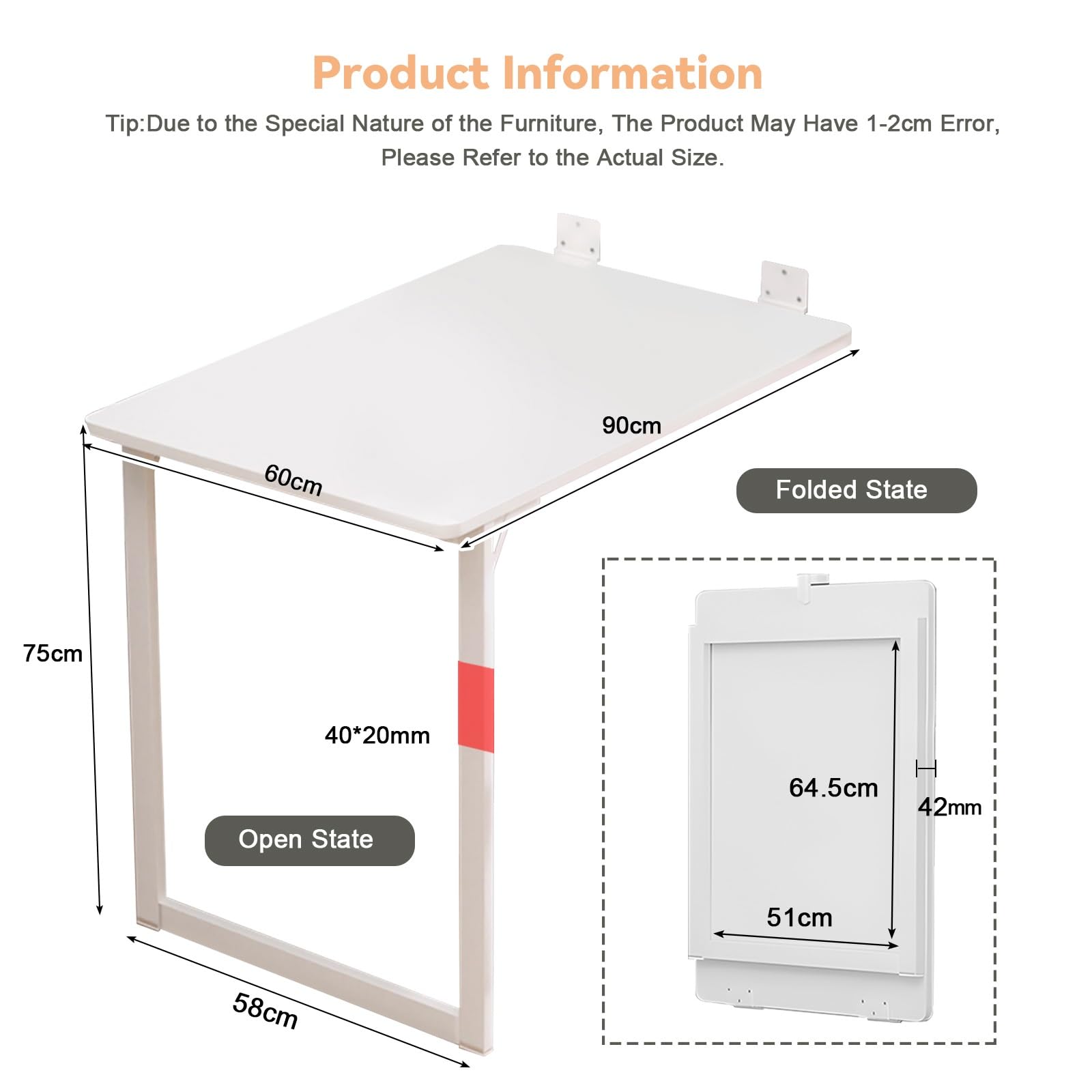Blanche Table De Balcon 90×60cm Table Escamotable Murale Rabattable Fixés Au Mur Table à Manger Murale, Idéal pour Table De Cuisine Table Salon Petites Pièces