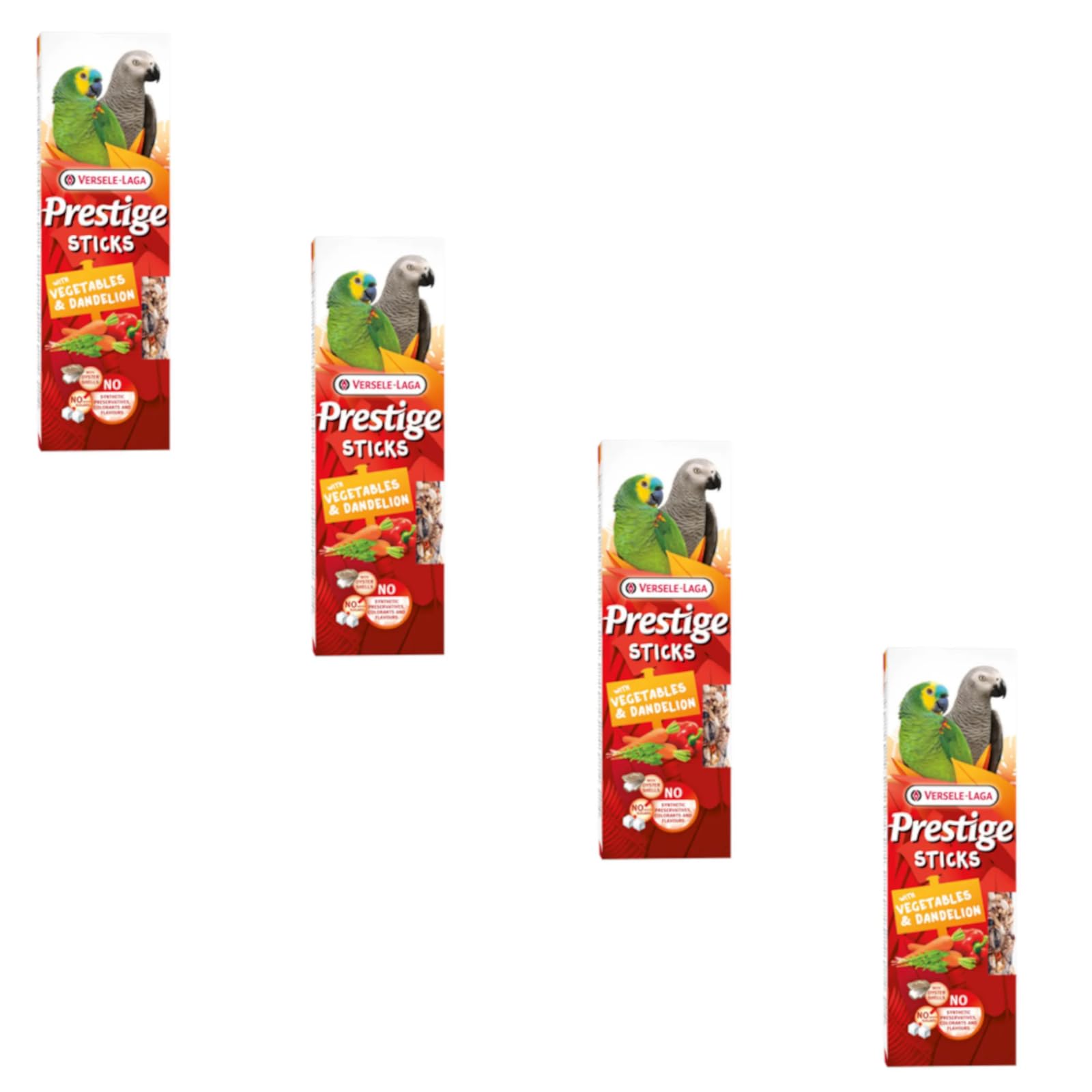 Versele-Laga Prestige Sticks Papageien mit Gemüse & Löwenzahn | 4er Pack | 4 x 140 g | Snack für Papageien | Ohne Zuckerzusatz und ohne synthetische Konservierungsmittel
