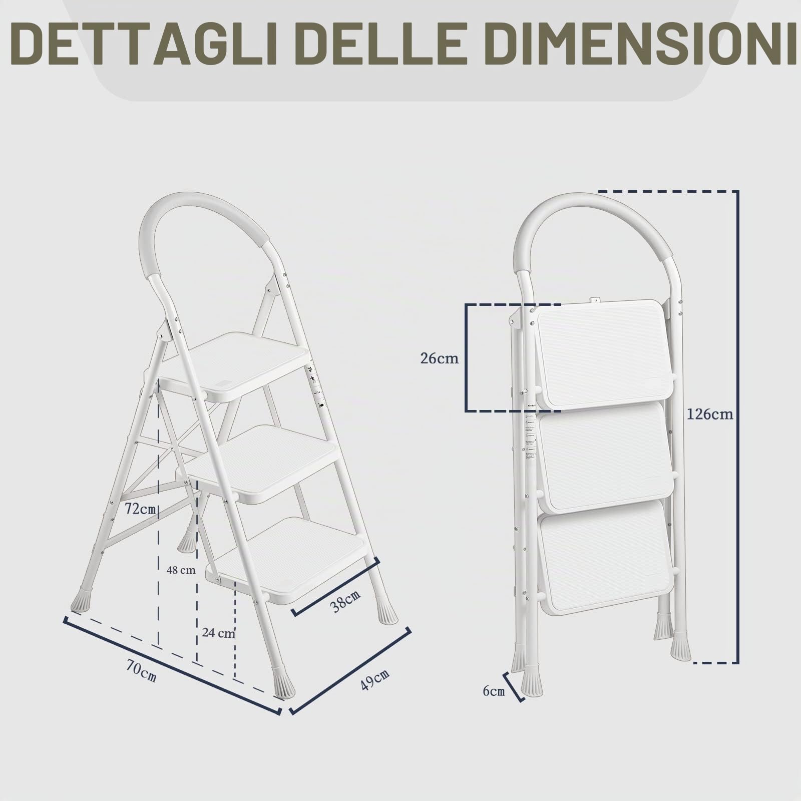 XinSunho Scaletta 3 Gradini Pieghevole, 3 Step Scale Domestica con Corrimano e Pedale Antiscivolo, Portatile Robusto Sgabello Scale, Massima 200 kg, Bianca