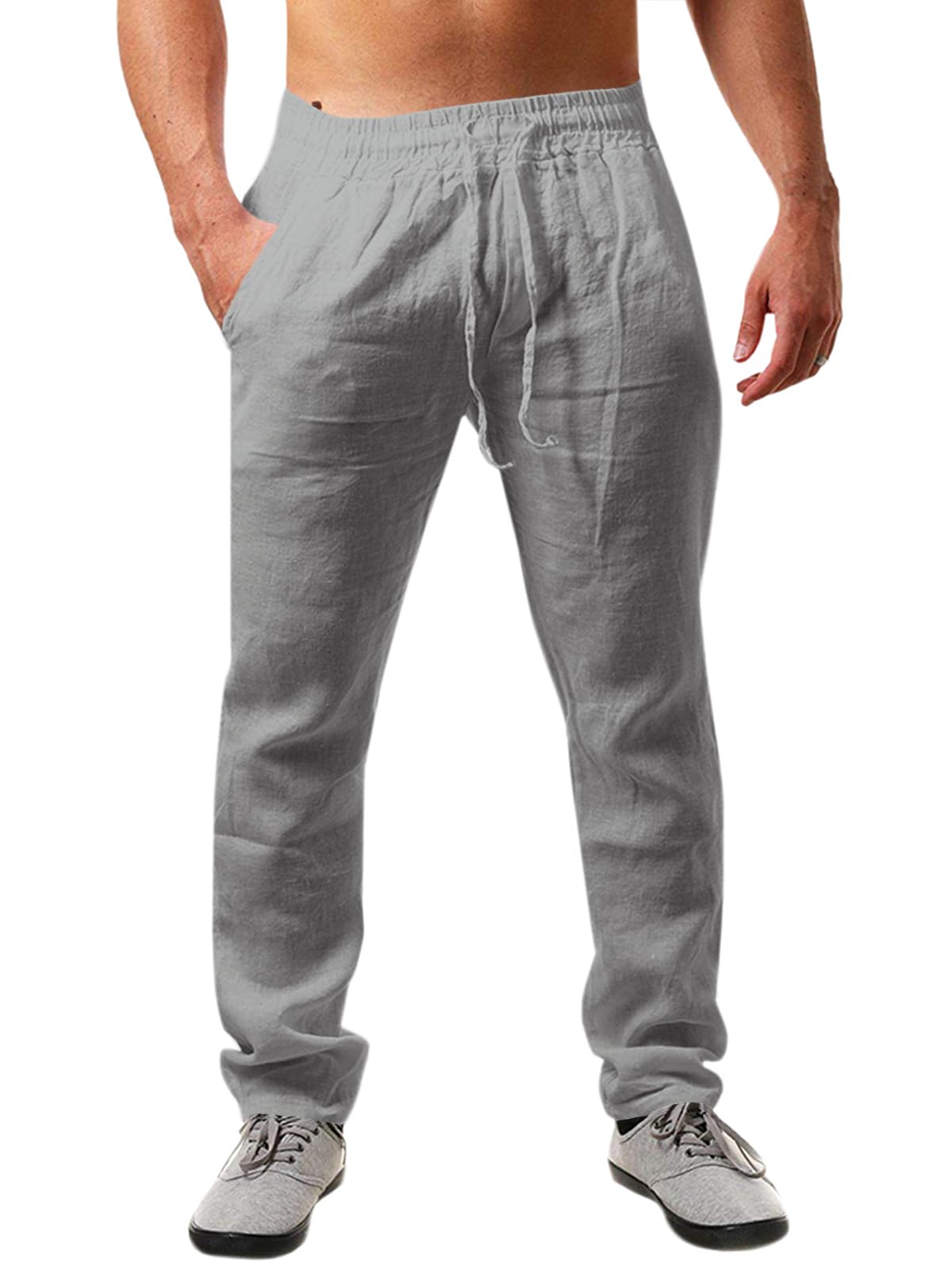 Runcati Herren Leinenhose Einfarbiges Lang Leicht Sommerhose Loose Fit Freizeithose mit Kordelzug für Urlaub Strand Alltag