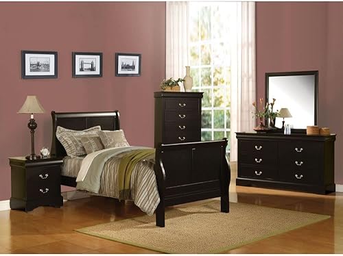 Louis Philippe Style - Juego de 4 piezas para dormitorio cama individual mesita de noche espejo diseño tradicional muebles de dormitorio