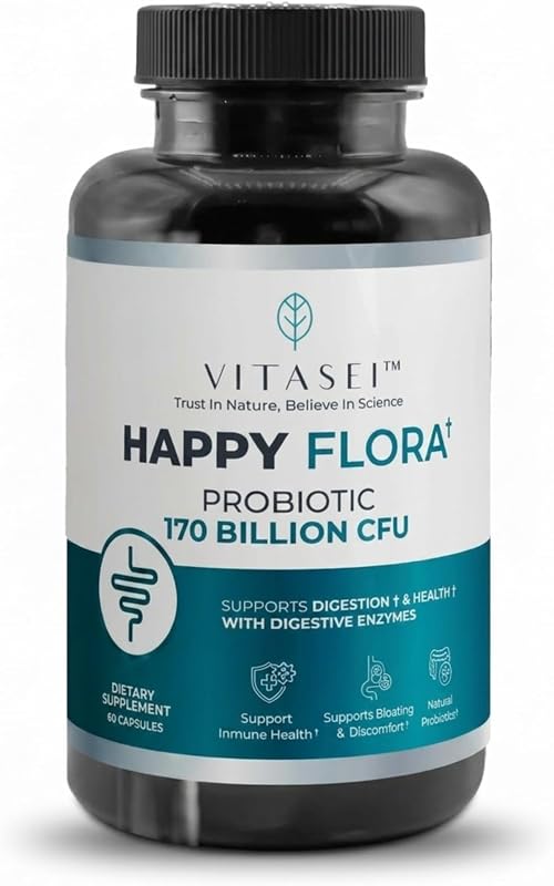 VITASEI Happy Flora Probiotic Metabolic Supplement – 60 Capsules (1 Pack) | Formulated with 170 Billion CFU with Digestive Enzymes, Supports Gut Microbiome & Digestive Comfort for Men & Women