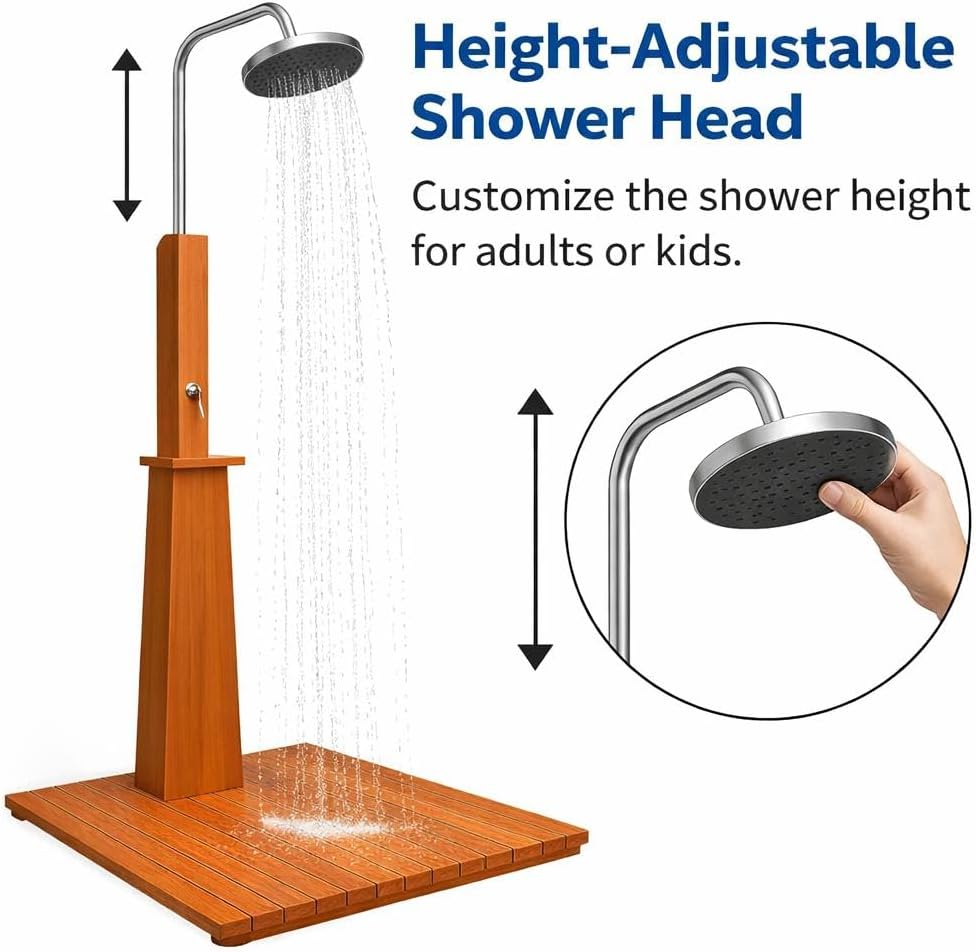 Ergode Height-Adjustable Outdoor Shower | Eucalyptus Wood and Steel | Pool Showers for Outside | Freestanding Outdoor Shower | Portable Shower for Camping