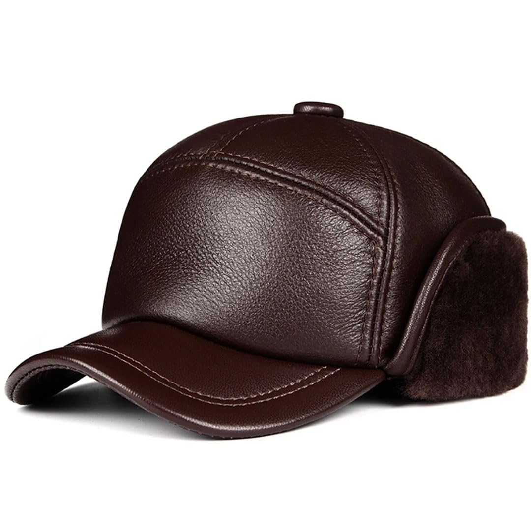 Gorro de invierno para hombre, piel de oveja auténtica, con solapa para las orejas, color negro, cálido y grueso, marrón, 55-56 cm