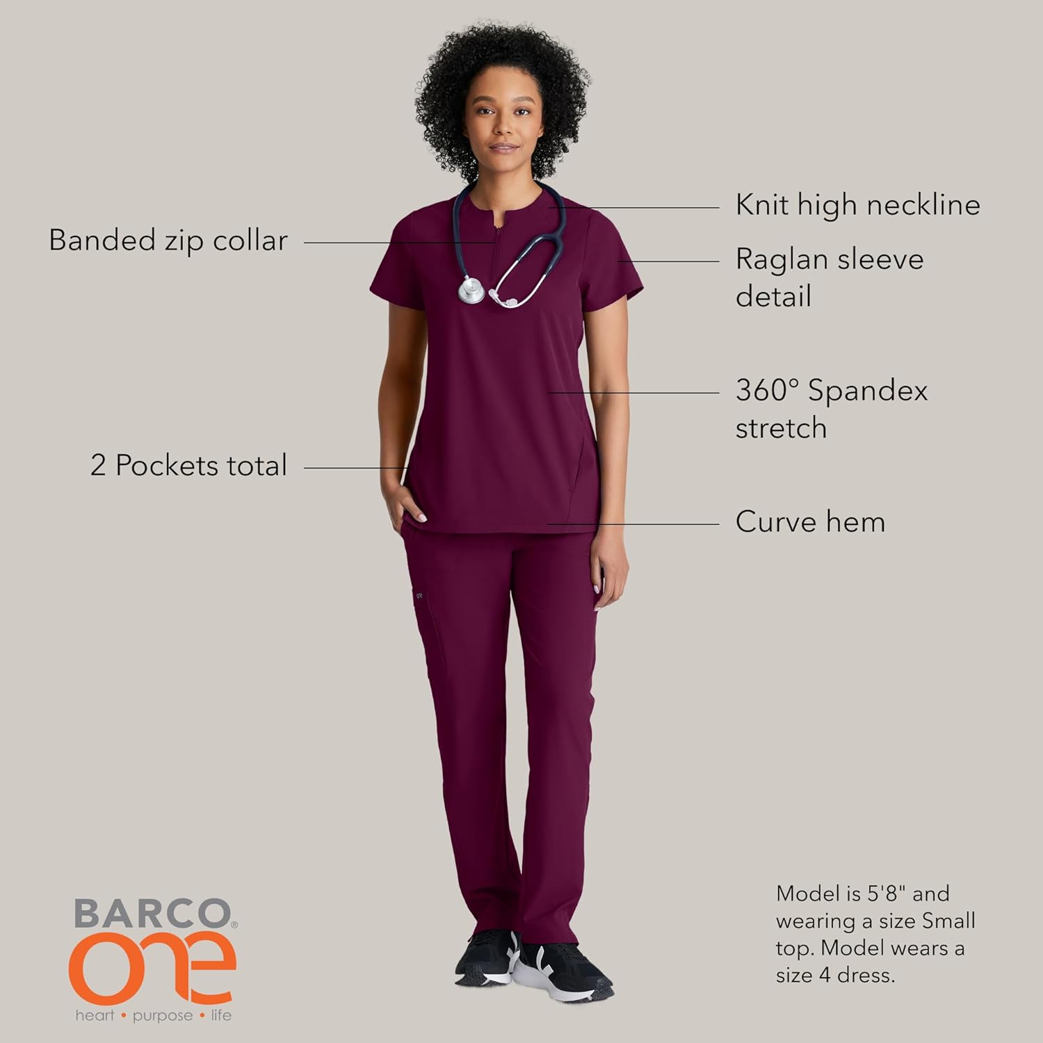 BARCO One Flux Classic Fit Zip Collar Scrub Top for Women's 2-Pocket Shirt with 360 Spandex Stretch Moisture Wicking Fabric