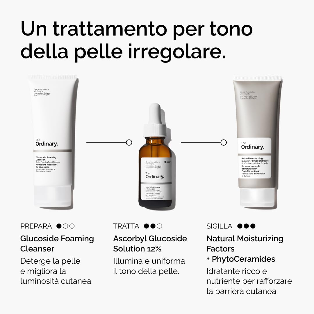 The Ordinary Ascorbyl Glucoside Solution 12%, Siero alla vitamina C illuminante per uniformare il tono della pelle e fornire protezione antiossidante, 30ml