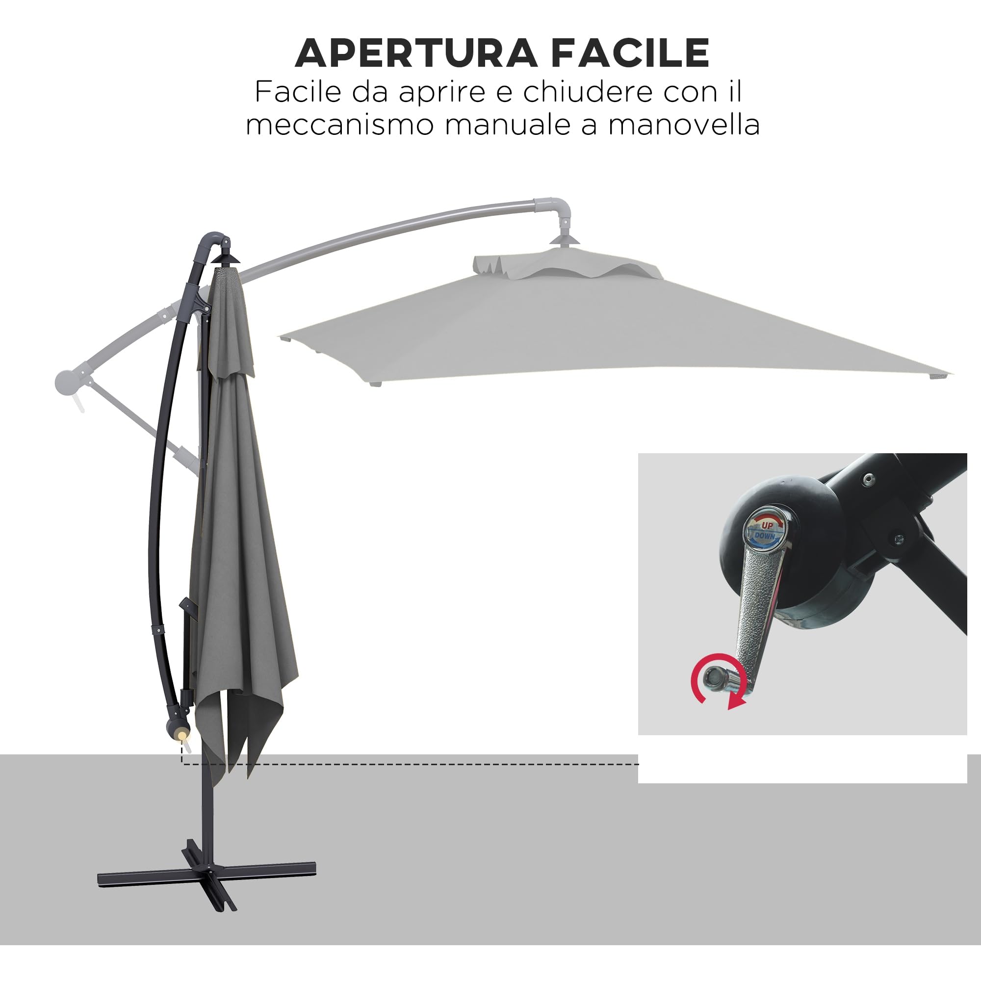 Outsunny Ombrellone Decentrato 3x2 m con Prese d'Aria, Base a Croce e Manovella, Ombrellone da Giardino in Acciaio e Poliestere 160 g/㎡, Protezione UV, per Terrazza e Balcone