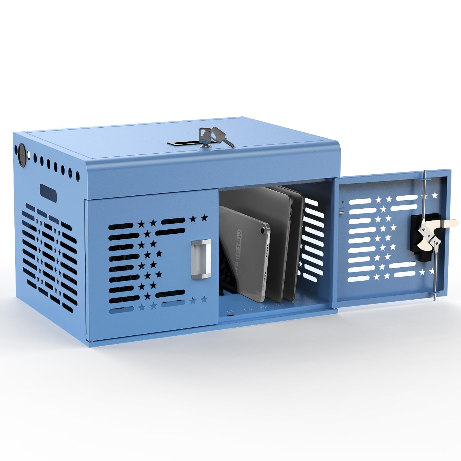 16-Device Laptops Charging Cabinet, Locking Charging Station for Chromebook iPads, Tablet Charging Storage Box for Classroom Library Office, Lock Laptop Charging Storage Cabinet, Blue