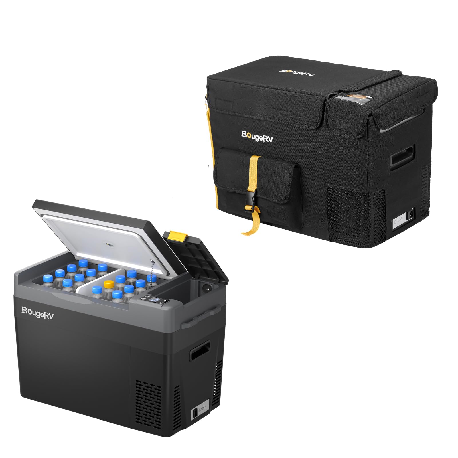 BougeRV CRPRO 29L Set Frigo Portatile a Compressore con Copertura Protettiva Inclusa, Frigorifero per Auto 12V/24V DC e 110-240V AC (-22℃~10℃), Frigo da Campeggio, Viaggio e Camion, nero