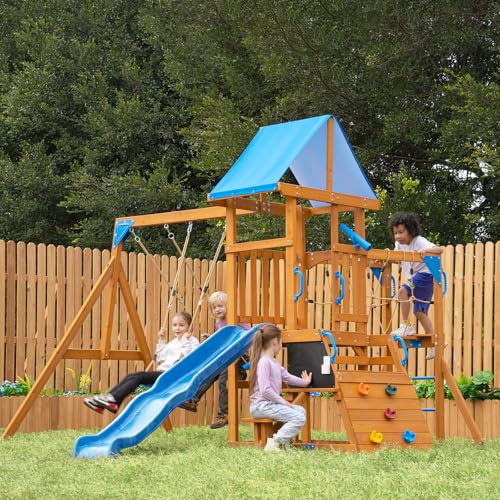 Dolphin Playground Wooden Swing Sets for Backyard with Plank Bridge, Outdoor Playset with Chalkboard, Wave Slide and 2 Swings, Cedar Wood Climbing Wall Playground for Kids Ages 3-10